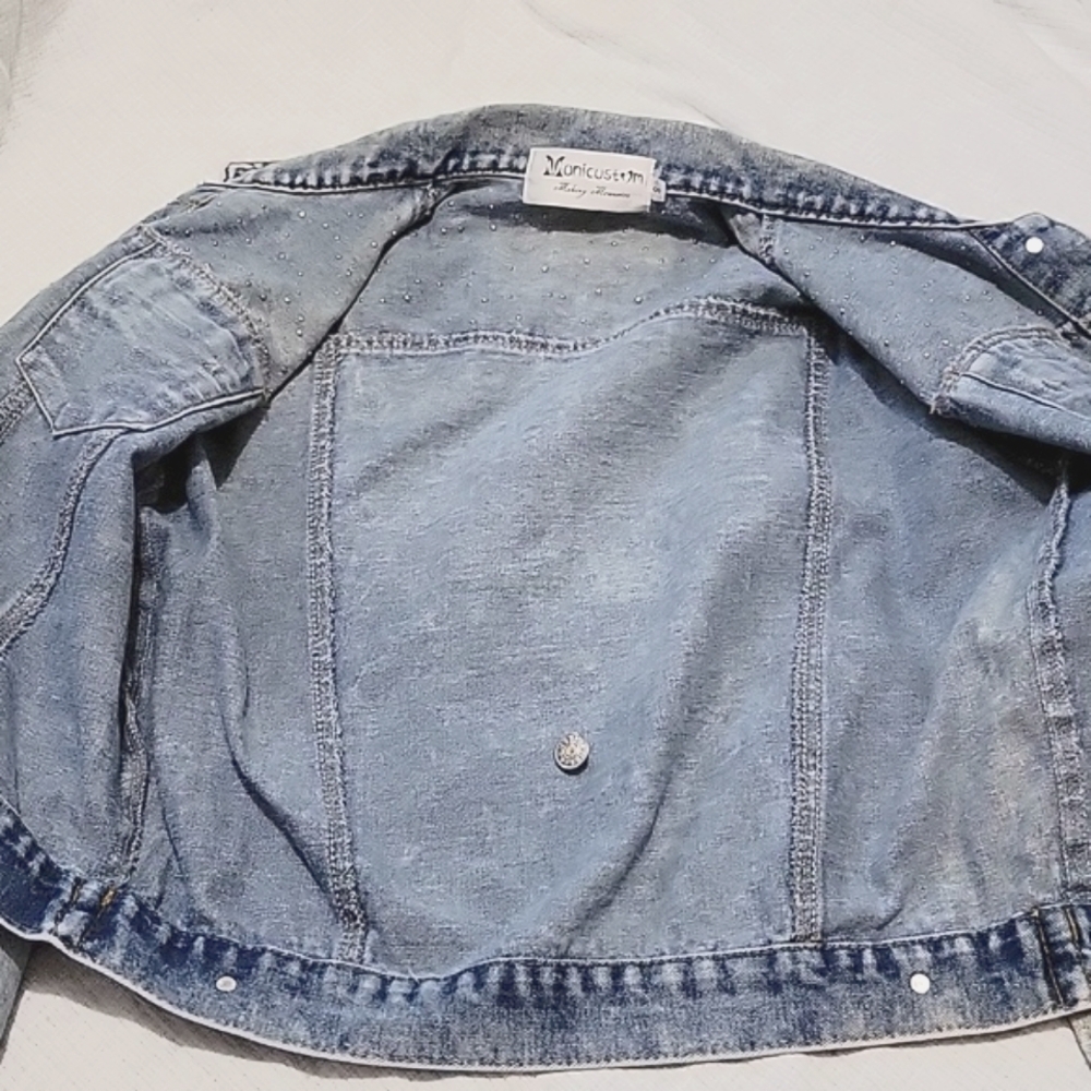 Monicustom Pearl Embellished Blue Denim Jacket Heather on Back Small - Picture 8 of 8